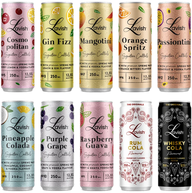 Ten Lavish signature cocktail cans including Cosmopolitan, Gin Fizz, Mangotini and more