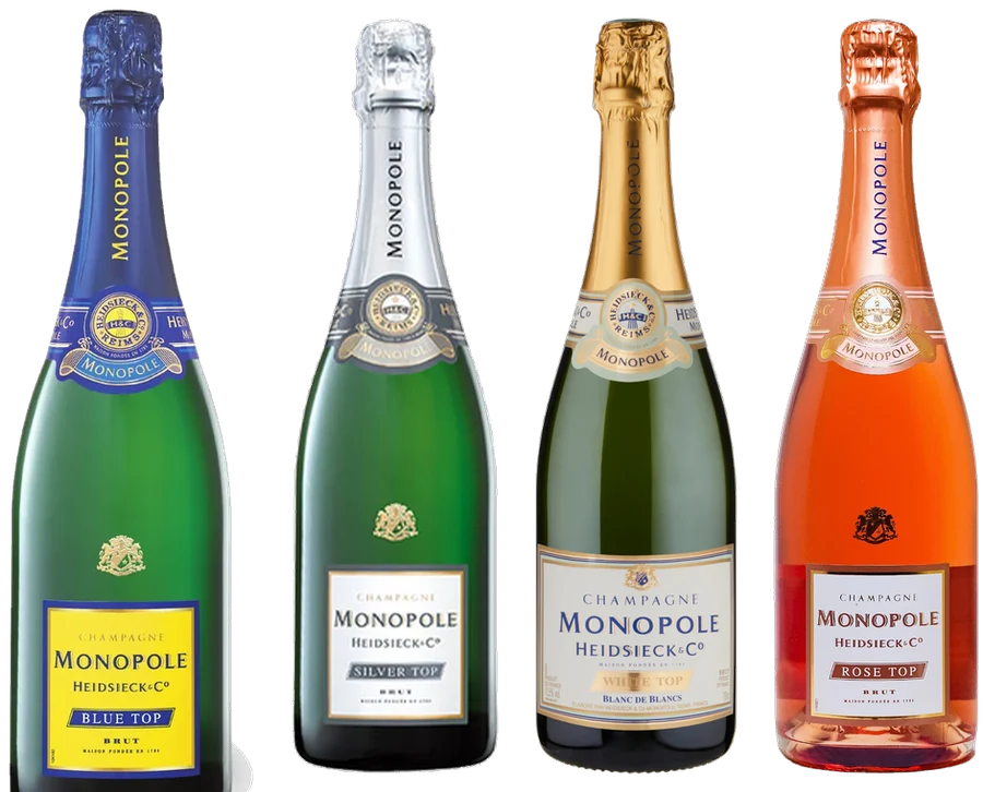 Monopole Heidsieck and Co full range: Blue Top, Silver Top, White Top and Rose Top