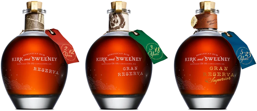Kirk and Sweeney Reserva, Gran Reserva and Gran Reserva Superior rum bottles